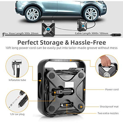 WindGallop Car Tyre Inflator Air Compressor Tyre Pump 12V Electric Car Air Pump for Car Tyres Bike Tyres with Digital Tyre Pressure Gauge and Inflator Valve Adaptors LED Light
