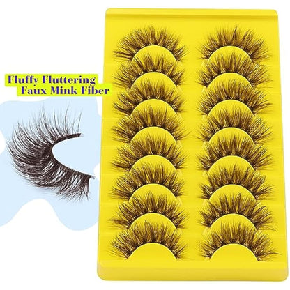 ALICE Brown Lashes False Lashes Natural Look 17mm Eyelashes Cat Eye Faux Mink Lashes with Clear Band Wispy Fake Eyelashes Lash Strips 8 Pairs