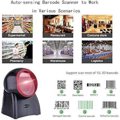 LENVII Desktop Barcode Scanner 2D Handsfree Barcode Reader QR Code Scanner Automatic Bar Code Scanners use for Warehouse, Supermarket, Retail Store, Bookstore POS System