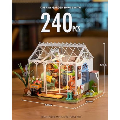 ROBOTIME DIY Miniature House Kit Garden House | Wooden Dollhouse Model Building Kit with LED for Adults and Children | Holiday Birthday Gift