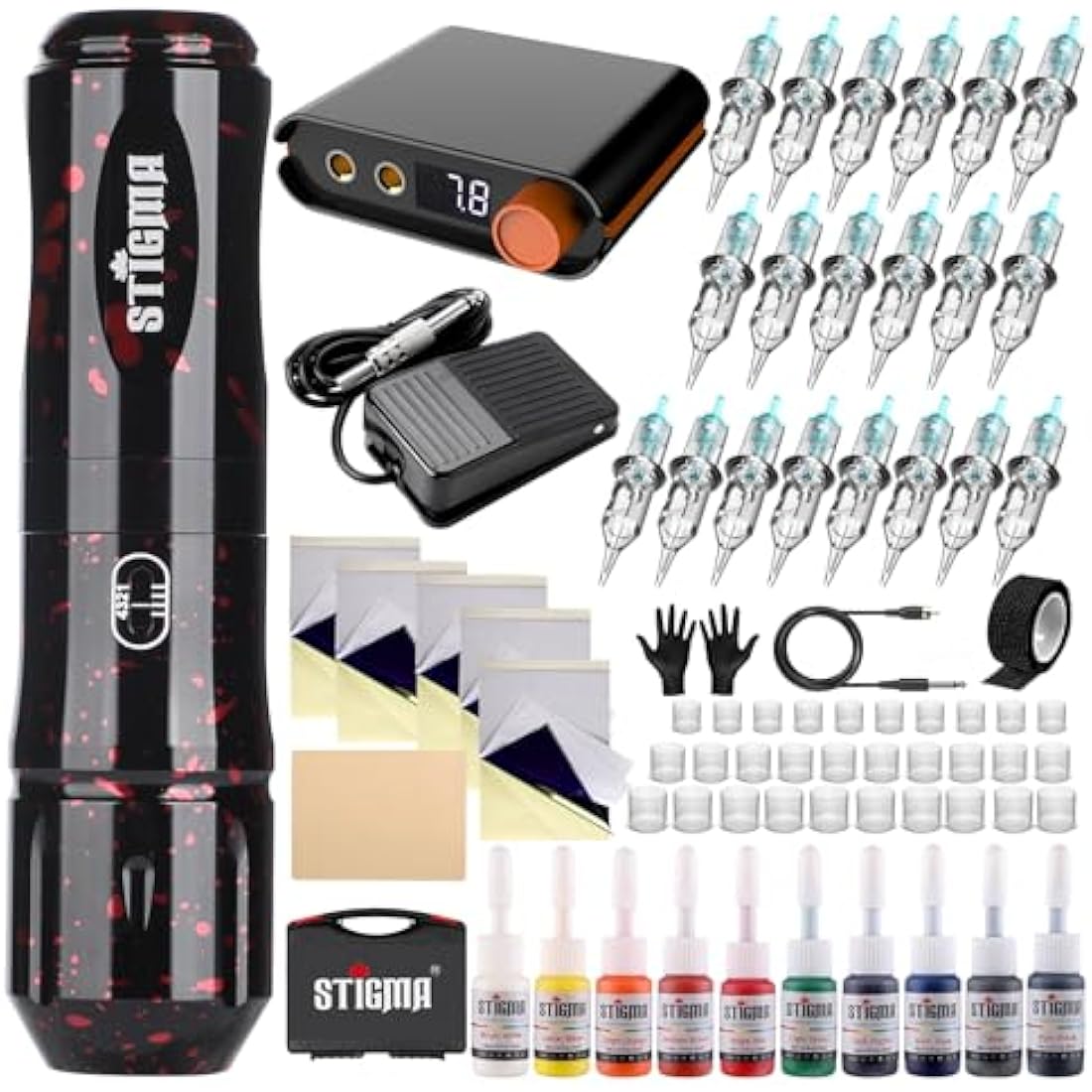 STIGMA Rotary Tattoo Machine Kit with 20pcs Cartridges Needles, Digital Display, Power Supply, Plastic Box for Beginners and Artists