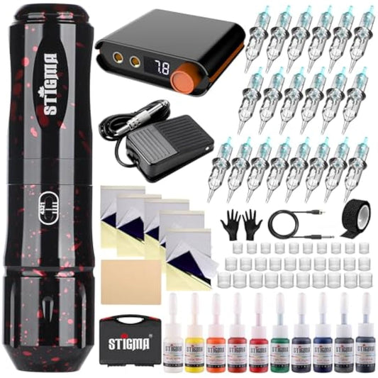 STIGMA Rotary Tattoo Machine Kit with 20pcs Cartridges Needles, Digital Display, Power Supply, Plastic Box for Beginners and Artists