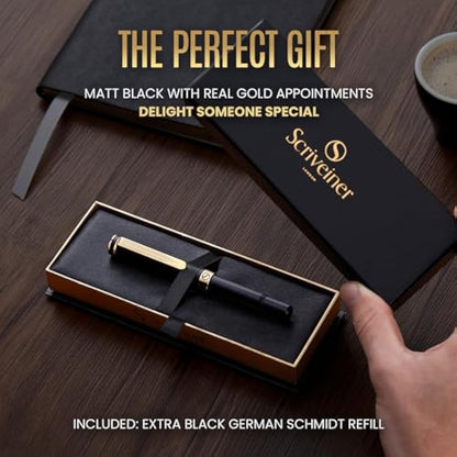 Scriveiner Black Rollerball EDC Luxury Pen, Stunning Pocket Pen, Real Gold Plating, Cool Writing Pen, Best Pen Gift for Men, Women, German Schmidt Refill, Nice Present, Fancy Office Designer Pen Set