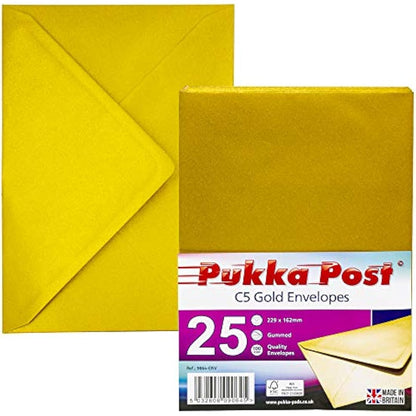 Pukka Pad, Pukka Post & Packaging Gummed Envelopes - Pack of 25, Ready-to-Seal, Durable 100GSM Postal Envelopes for Letters, Invitations, and Other Mail - 229 x 162 mm, Size C5, Gold