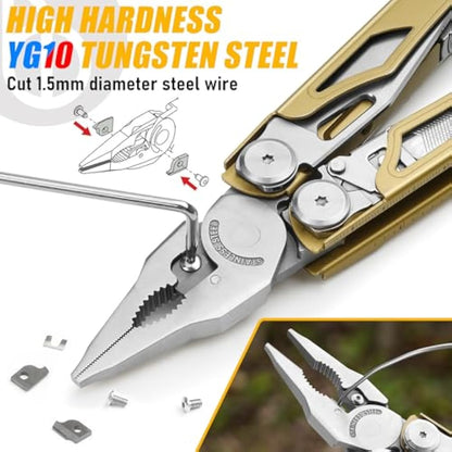 BIBURY Multitools, Multi Tool Foldable Pliers with Upgraded Scissors and Screwdriver Set, Stainless Steel Multitools, Ideal for Camping, Outdoor, Repairing -Gift for Dad Men -Titanium Plating Gold Pro