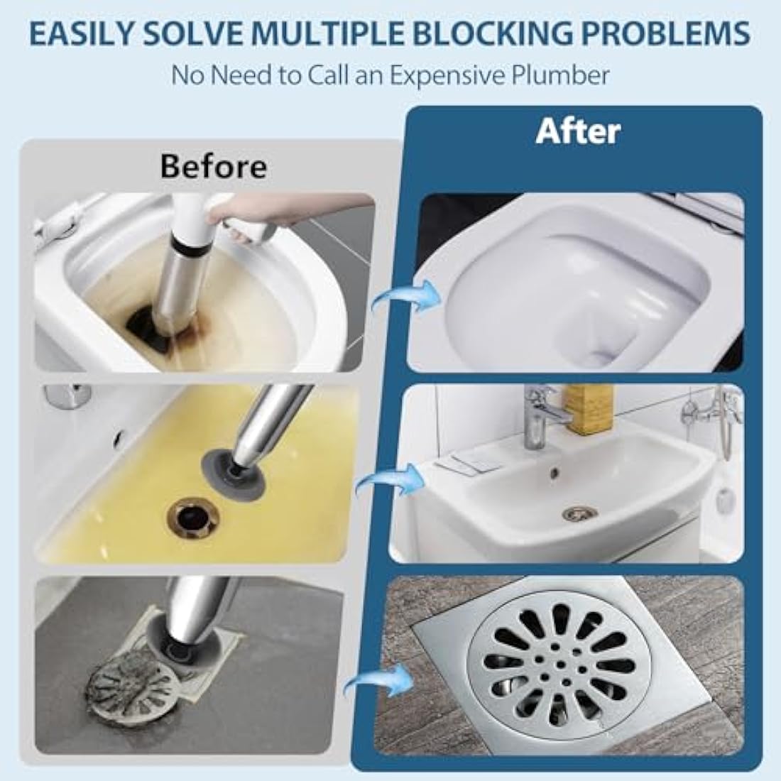 inShareplus Toilet Plunger, White Toilet Unblocker Heavy Duty, High Pressure Plunger Kit with 4 Replaceable Heads, Plunger Sink Unblocker for Unblocking Toilets, Sink, Bathtub, Floor, Drain