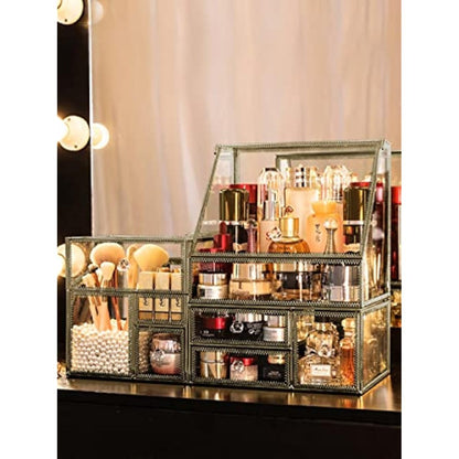 Hersoo Glass Antique Brass Stackable Drawer Set Makeup Organizer for Vanity Antique Countertop Vanity Cosmetic Storage Box Mirror Glass Beauty Display