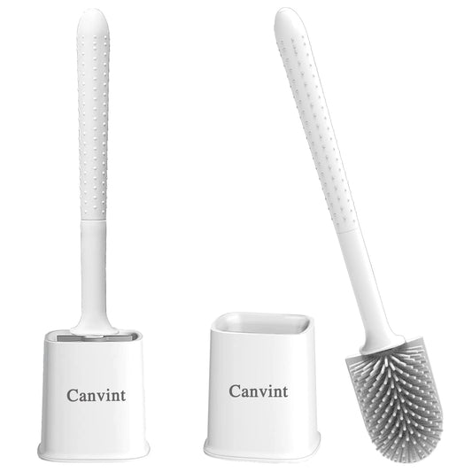 Canvint Silicone Toilet Brush and Holder Set, 2 Pack - Dead Corner Deep Cleaning With Quick Drying Holder, Flexible No-Slip Long Plastic Handle
