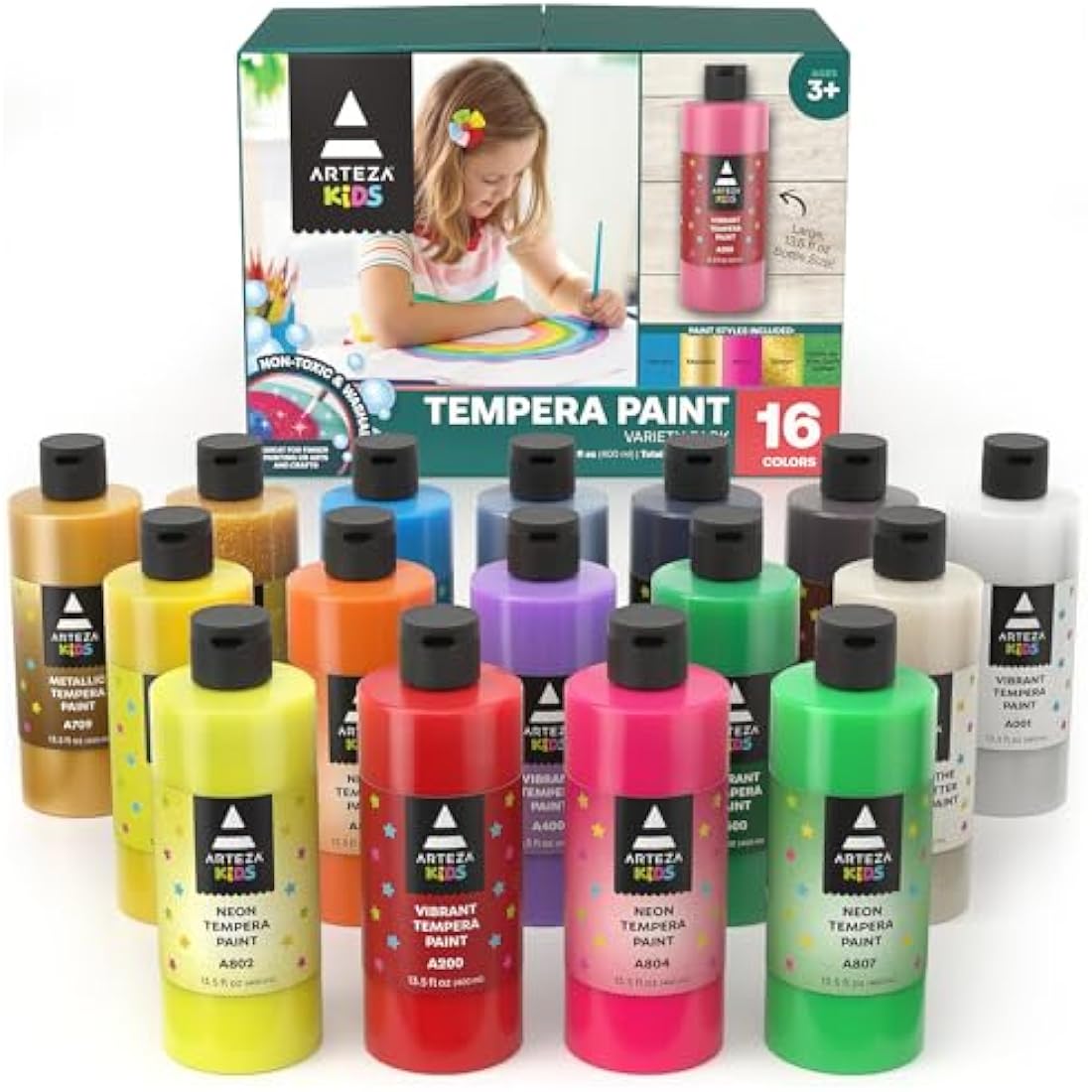 Arteza Kids Tempera Paint Set, 16 Rich, Non-Toxic Washable Colors, 400 ml, Art Supplies for Easter Egg, Finger, and Poster Painting