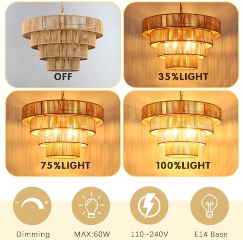 Schindora 50CM Boho Pendant Light,Hand-Woven Rattan Lampshade 6-Lights Light Shade 4 Round Transitional Rustic Large Lamp Shades Ceiling for Kitchen Island Bedroom Dining Room Living Room,Brass