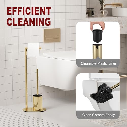 BVL Gold Toilet Roll Holder with Stainless Steel Free Standing Brush and Paper Holder