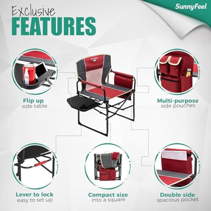 SUNNYFEEL Camping Director Chair, Portable Folding Chair with Side Table and Storage Pouches, Compact Heavy Duty for Adults Outdoor（Red）