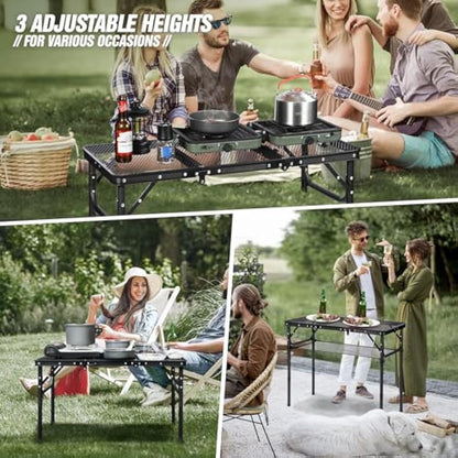 REDCAMP 2.8ft Folding Camping Table for Outside, Lightweight Aluminum Portable Folding Table for Cooking BBQ, Metal Grill BBQ Table Easy to Assemble with Adjustable Heights Legs,Black 87cm x 40cm
