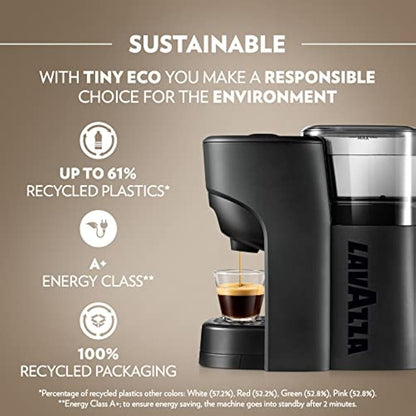 Lavazza, A Modo Mio Tiny Eco, Coffee Capsule Machine, Compact, Compatible with A Modo Mio Coffee Pods, with Automatic Shut-Off, Removable and Adjustable Cup Rest, 1450 W, 220-240 V AC, 50-60 Hz, Black