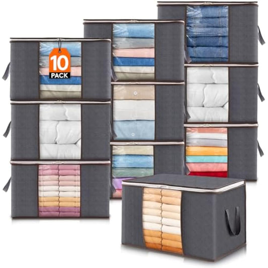 Lifewit 10 Pack Clothes Storage Bags, Foldable Storage Box Moving Bags Wardrobe Storage Organiser Packing Boxes for Moving House with Clear Window for Clothing Bedding Blankets, Grey