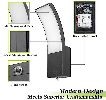 HLFVLITE Outdoor Wall Light Dusk to Dawn - Aluminum LED Exterior Lamp for Patio, Terrace, Hallway, Garage, and Porch - IP54 Waterproof, 3000K, 1000LM Brightness, Black