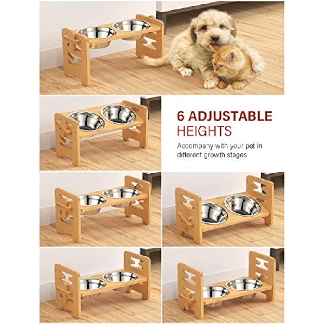 Vantic Raised Dog Bowls with Stand, 6 Heights Adjustable Bamboo Dog Feeding Station with 2 Stainless Steel Bowls, 17cm High