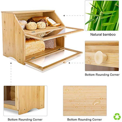 Leader Accessories Double Decker Bamboo Bread Bin 2-Layer Bread Box Large Capacity Bread Storage for Kitchen 15.3"x9.8"x12.6"