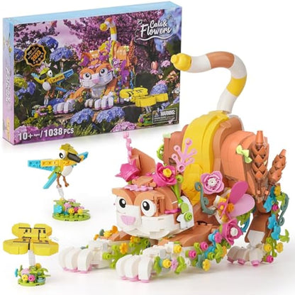 IKUPER Cat Building Set with Flowers, Animal Kit for Kids Aged 10+, Boys & Girls Botanical Toy, for Christmas, Birthdays, Valentine and Easter (1038 Pieces)
