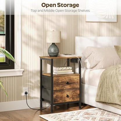 YATINEY Bedside Table with Charging Station, End Table with 2 Drawers and 2 Shelves, Nightstand with Outlet and USB Ports, Industrial Side Table for Living Room, Bedroom, Study, Rustic Brown XET02KBR