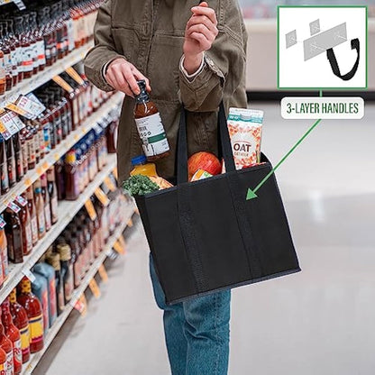 VENO 3 Pack Reusable Shopping Trolley Bags Set, Heavy Duty Collapsible Grocery Box Bag with Reinforced Bottom, Folding Tote Bag Storage Bins (Black - Set of 3)