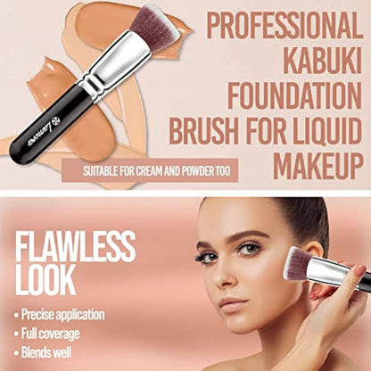 Foundation Brush Kabuki Flat Top - Perfect For Blending Liquid Make Up, Cream or Flawless Powder Cosmetics - Buffing, Stippling, Concealer - Premium Quality Synthetic Dense Bristles