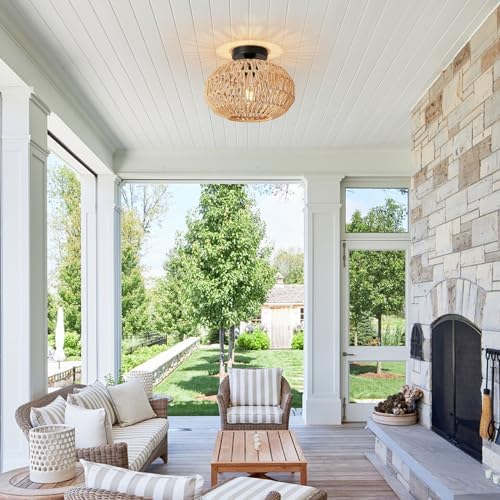 FORCOSO Rattan Ceiling Light, Boho Lamp Light Shade Rattan Lampshade, E27 Vintage Chandelier Light Fitting, Rustic Ceiling Lamp Fixtures for Living Room Bedroom Dining Room Kitchen Hallway