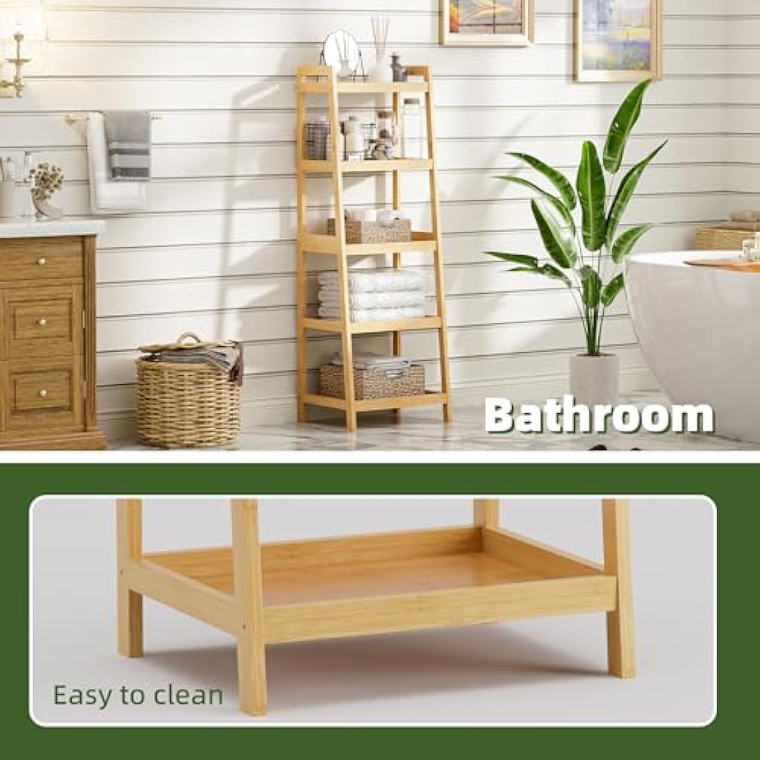 vovala Bookshelf, 5 Tier Ladder Bookcase with Bamboo Frame, Freestanding Tall Narrow Display Plant Shelf for Living Room, Kitchen, Bedroom, Balcony, Natural