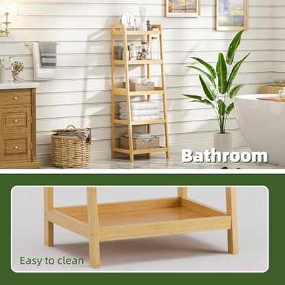 vovala Bookshelf, 5 Tier Ladder Bookcase with Bamboo Frame, Freestanding Tall Narrow Display Plant Shelf for Living Room, Kitchen, Bedroom, Balcony, Natural