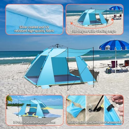 4-5 Person Instant Pop Up Automatic Beach Tent, Extra Large Portable Ventilated Automatic Beach Sun Shelter Tent, UPF 50+ Easy Setup Beach Tent for Picnic,Beach,Garden(Blue)