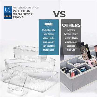 SMAZIUL 14 Pcs Clear Drawer Organiser with 4 sizes Desk Organizer ideal for organizing, cosmetics, makeup, jewelry, office supplies, bathroom accessories & much more
