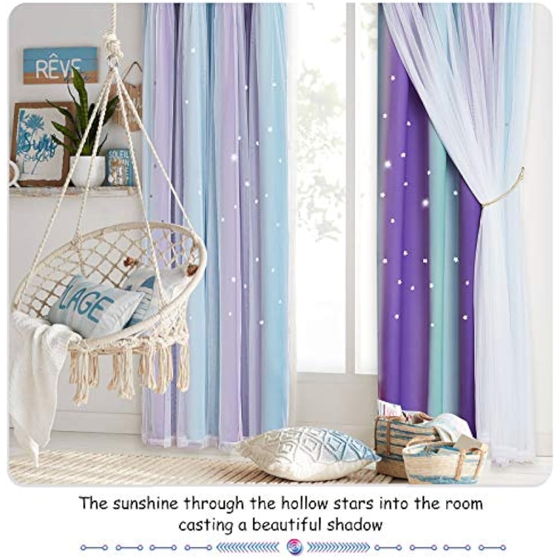 NICETOWN Star Blackout Curtains - Decorative Cut-Out Star Panels with Eyelets for Room Darkening, Kids' Room/Bedroom, 2 Panels, W52 x L54 Inch (132x137 cm), Purple, Blue