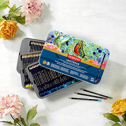 Derwent Inktense Pencils Art Set, 100 Permanent Watercolour Pencils Set in Tin, Premium Coloured Pencils for Adults, Water-Soluble Indelible Pencil Collection, 4mm Core, Professional Quality (2306130)