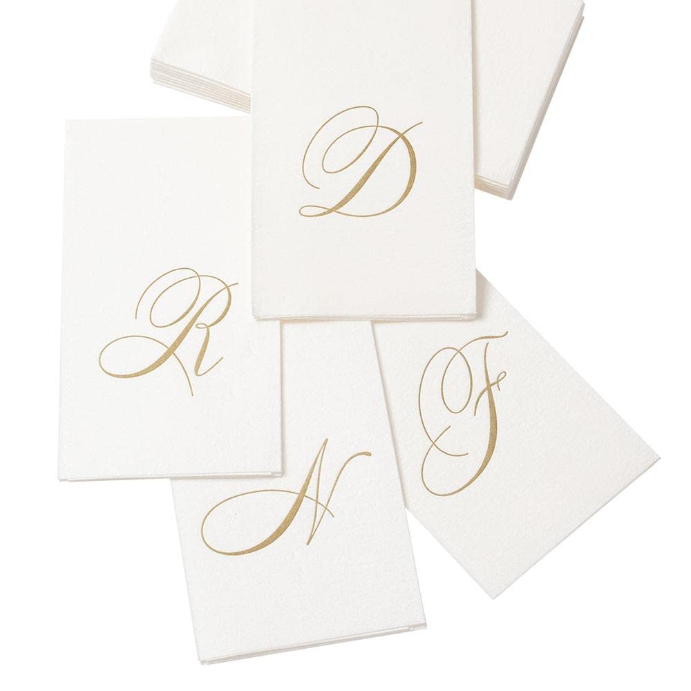 Caspari " Signature Gold Initial C Paper Linen Guest Towels, White Pearl, Pack of 24