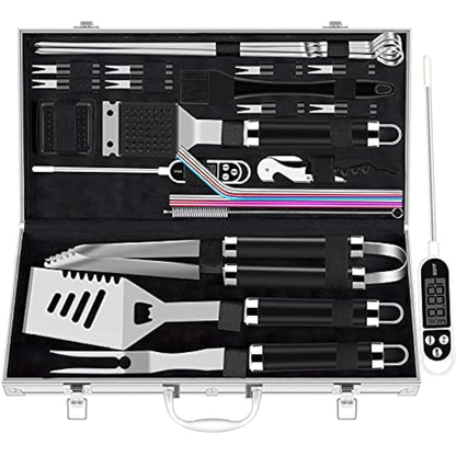 ROMANTICIST 26pcs Extra Thick Stainless Steel Grill Tool Set for Men,Heavy Duty Grilling Accessories Kit for Backyard, BBQ Utensils Gift Set with Meat Thermometer in Aluminum Case for Birthday Black