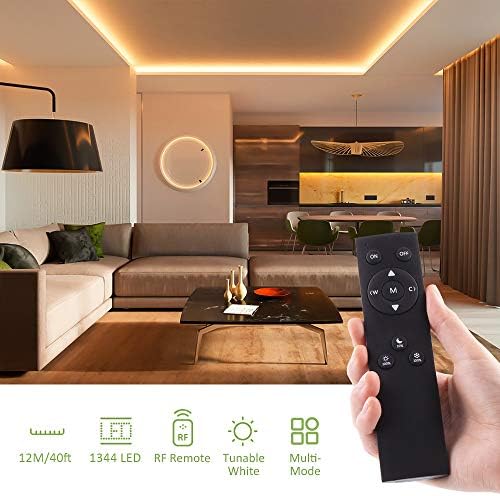NOVOSTELLA 12M LED White Strip Lights, Dimmable 40ft 1344 LEDs, Tunable Warm White to Cool Daylight 3000K-6500K, with RF Remote Flexible LED Tape for Living Room Cabinet Bedroom Kitchen Ceiling, 24V