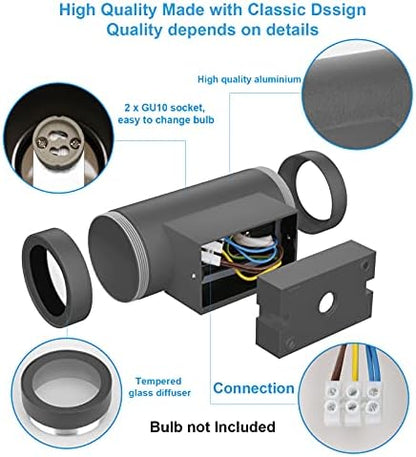 Klighten 2 pcs Outdoor Wall Light IP65 Up Down Outdoor Indoor Wall Lighting Modern Aluminum Wall Lamp for Garden Entrance Corridor Courtyard, Socket GU10, Bulb not Included, Dark Gray