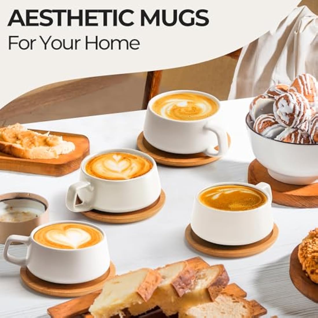 MIAMIO – 320 ml, Set of 4 Ceramic Tea Cup and Saucer Bamboo/Tea Mug - Wide Cappuccino Cup, Coffee Cups Ceramic Mug for Cappuccino, Latte, Espresso & Americano - Luxe Collection (White)
