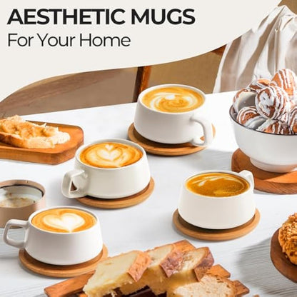 MIAMIO – 320 ml, Set of 4 Ceramic Tea Cup and Saucer Bamboo/Tea Mug - Wide Cappuccino Cup, Coffee Cups Ceramic Mug for Cappuccino, Latte, Espresso & Americano - Luxe Collection (White)