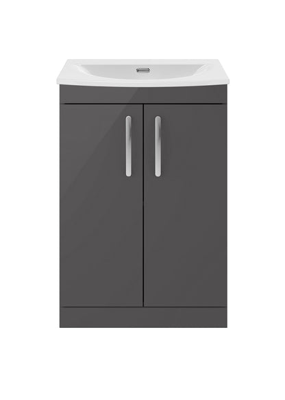 nuie ATH075G Athena Modern Bathroom Floor Standing 2 Soft Close Doors Vanity Unit with Curved Ceramic Basin with 30mm Profile, 600mm, Gloss Grey