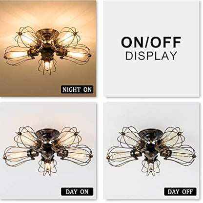 LULING Vintage Ceiling Light Industrial, Chandeliers E27 Socket Metal Wire Cage Lamp Semi-Flush Mount Rustic Ceiling Light Metal Lamp Fixtures (No Bulb) (with 5 Light) (Bronze)