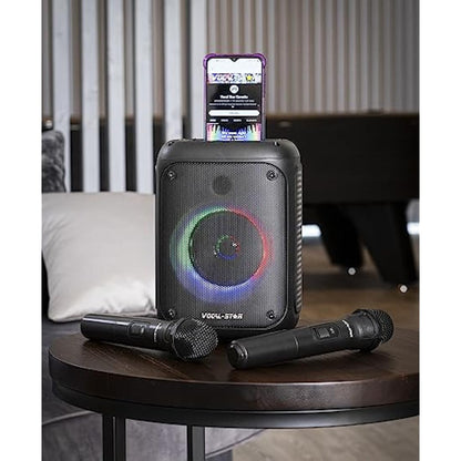 Vocal-Star VS-275 Karaoke Machine with 2 Wireless Microphones, Portable Bluetooth Speaker with phone holder, 80w Speaker, Light Effects, Records Singing, TWS, AUX, Rechargeable