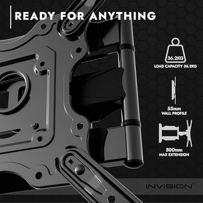 Invision TV Wall Bracket Mount for 24-60 Inch Screens, VESA 100x100mm up to 400x400mm, Tilts Swivels & Extends for Flat & Curved TVs, Includes Spirit Level, Weight Capacity 36.2kg (HDTV-E)