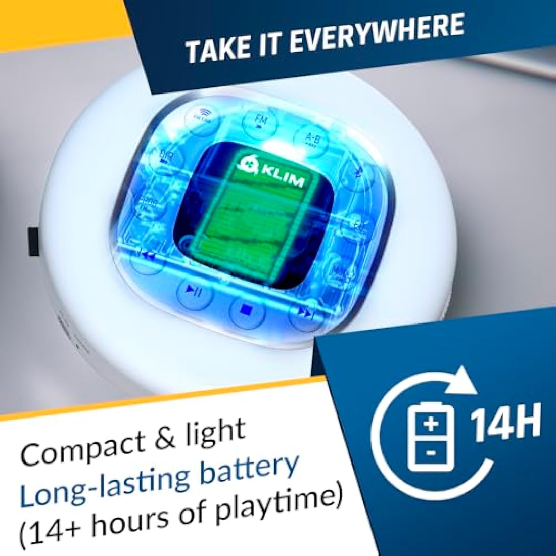 KLIM Journey - Portable CD Player with Long-Lasting Battery - New - w/Headphones - Radio FM - Compatible MP3 CD Player - SD Card, FM Transmitter, Bluetooth - Ideal for Cars - White