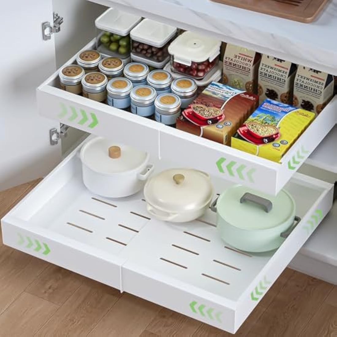 HumiLuft 2PCS Pull Out Cabinet Organiser, 32-52cm Extendable Slide Out Kitchen Drawer Adhesive,Upgrade 3-Rails Slide Drawers Storage Shelves with Rail System for Kitchen Base Cabinet Organization