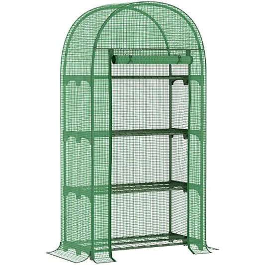 Outsunny 4 Tier Mini Greenhouse for Outdoor, Portable Gardening Plant Green House with Storage Shelf, Roll-Up Zipped Door, Metal Frame and PE Cover, 80 x 49 x 160cm, Green