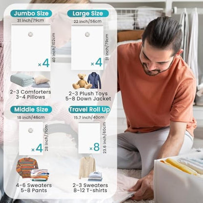TAILI Vacuum Storage Bags 20 Pack Space Saver for Travel and Home (4 Jumbo, 4 Large, 4 Medium, 8 Roll-Up) Reusable Vacuum Bags for Clothing, Bedding, Duvets, Save 80% More Storage Space