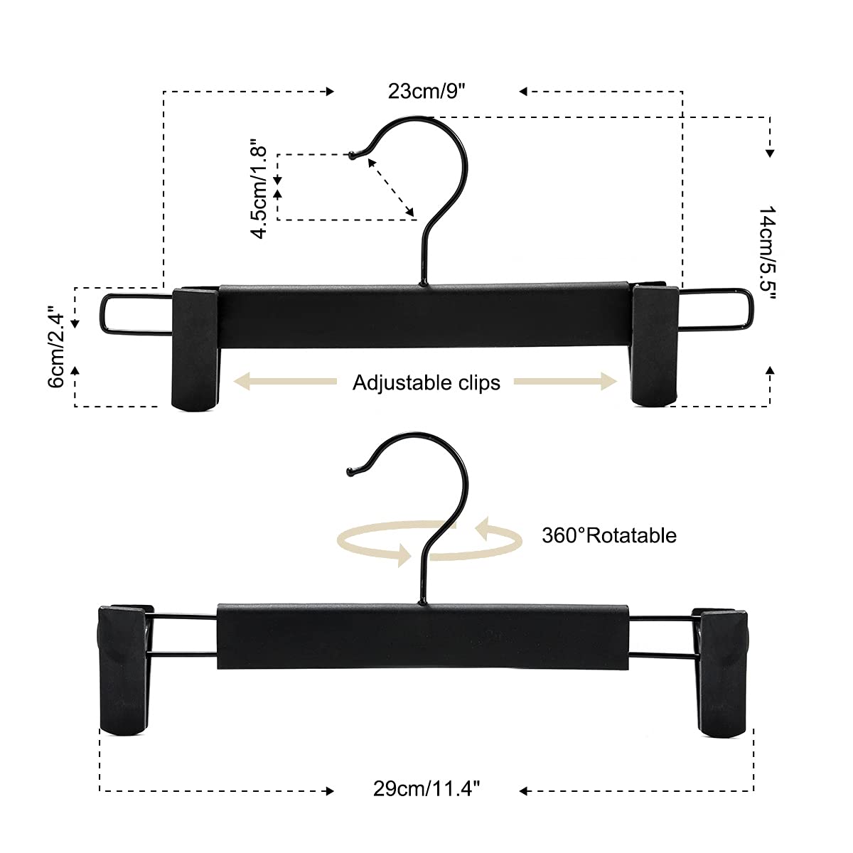 GUANJUNE Clothes Pants Hangers, Space-Saving Skirt Holders with 360 ° Swivel Hooks, Adjustable Clips, Trouser Hangers, Coat Garment Jeans Hangers