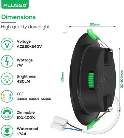 ALUSSO LED Recessed Ceiling Lights, 7W 480LM LED Downlights Dimmable, 30MM Ultra Slim Round Black Spotlights, Warm White/Neutral White/Cool White Adjustable, IP44 Waterproof for Bathroom, 6 Pack