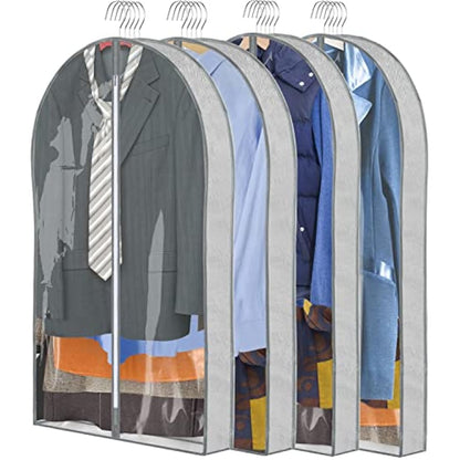 ZSURLUX Garment Bags for Clothes 60 x 100cm 4Pack, Moth Proof Clothes Covers with Zip, Hanging Storage Protector Bags for Wardrobe, Travel, Suitable for Suit, Coat, Jackets, Jumpers,etc. Grey
